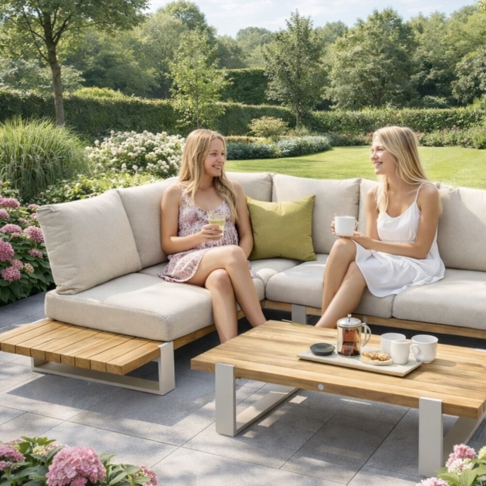 SUNS Showroommodel SUNS Nardo hoek loungeset 3 delig naturel mixed weave / camel sand teak SUNS Showroommodel SUNS Nardo hoek loungeset 3 delig naturel mixed weave / camel sand teak