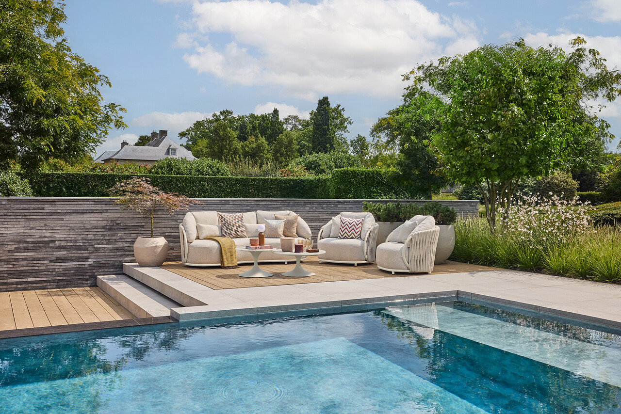 SUNS Vivaro stoel bank loungeset 5 delig | Camel sand | clouded rope | Pebble desert Bouclé