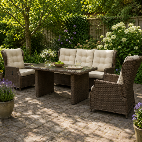 AVH-Collectie Ibiza stoel bank dining verstelbare loungeset 4 delig bruin wicker | naturel mixed weave kussen