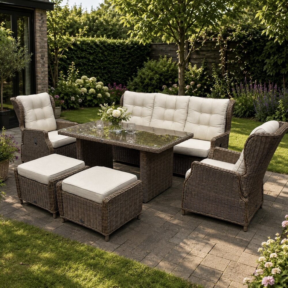 AVH-Collectie Ibiza stoel bank dining verstelbare loungeset 6 delig bruin wicker | naturel mixed weave kussen
