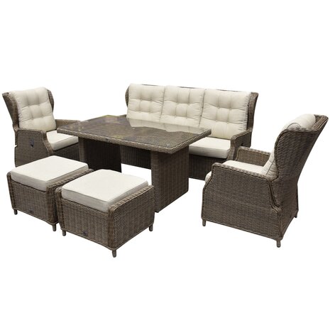 AVH-Collectie Ibiza stoel bank dining verstelbare loungeset 6 delig bruin wicker | naturel mixed weave kussen