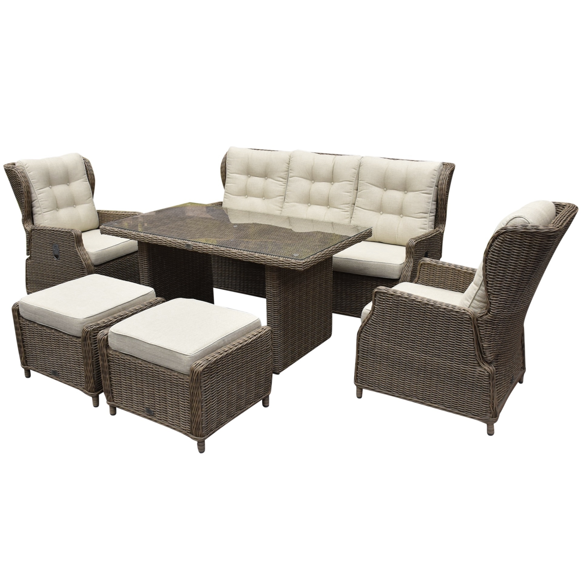 AVH-Collectie Ibiza stoel bank dining verstelbare loungeset 6 delig bruin wicker &VerticalLine; naturel mixed weave kussen