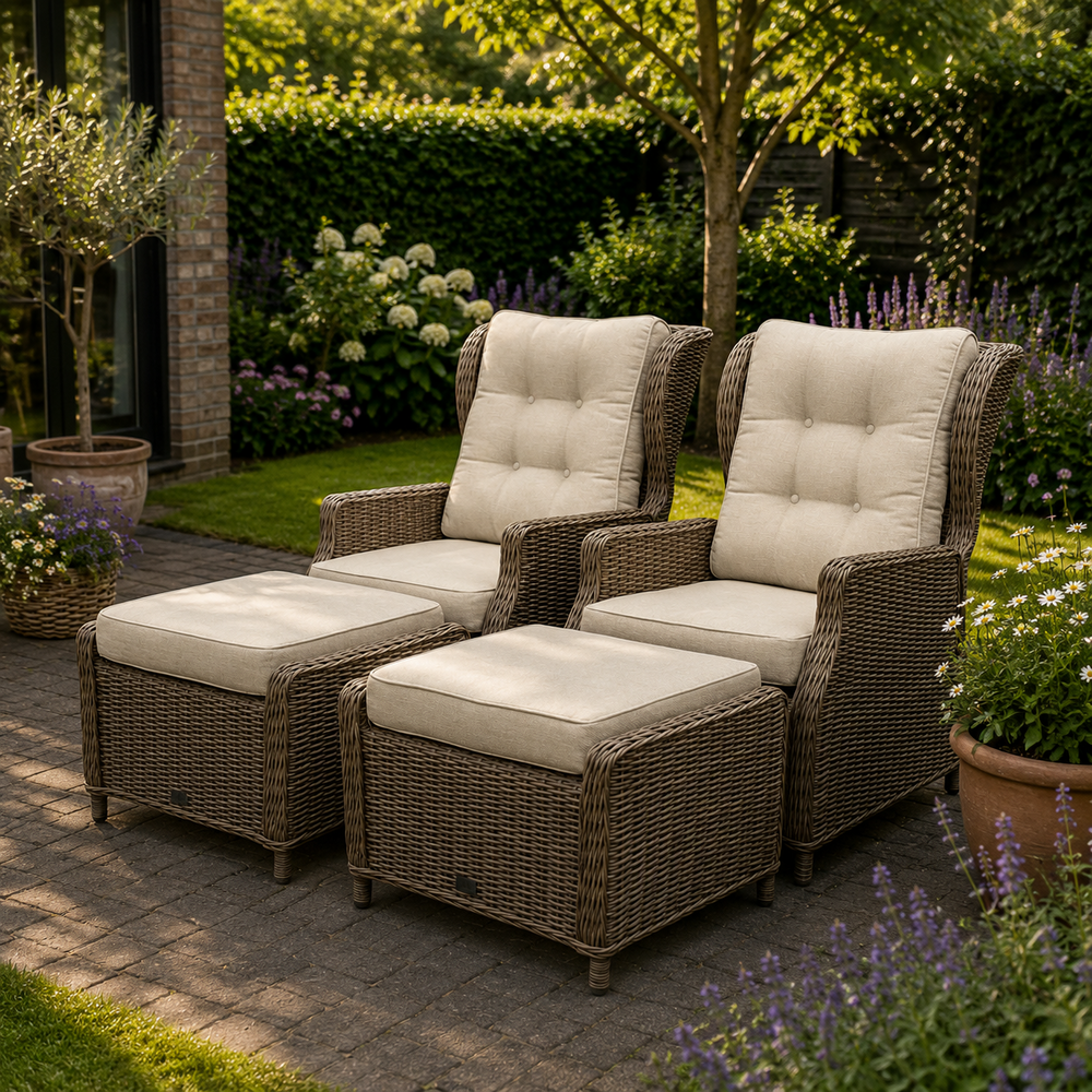 AVH-Collectie Ibiza lounge balkonset verstelbaar 4 delig bruin wicker | naturel mixed weave kussen