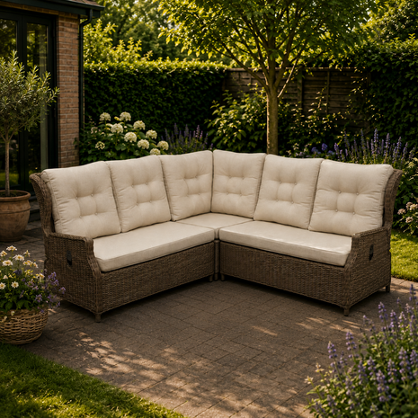 AVH-Collectie Ibiza hoek loungeset 3 delig verstelbaar bruin wicker | naturel mixed weave kussen