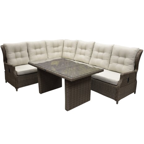 AVH-Collectie Ibiza dining hoek loungeset 5 delig verstelbaar bruin wicker | naturel mixed weave kussen