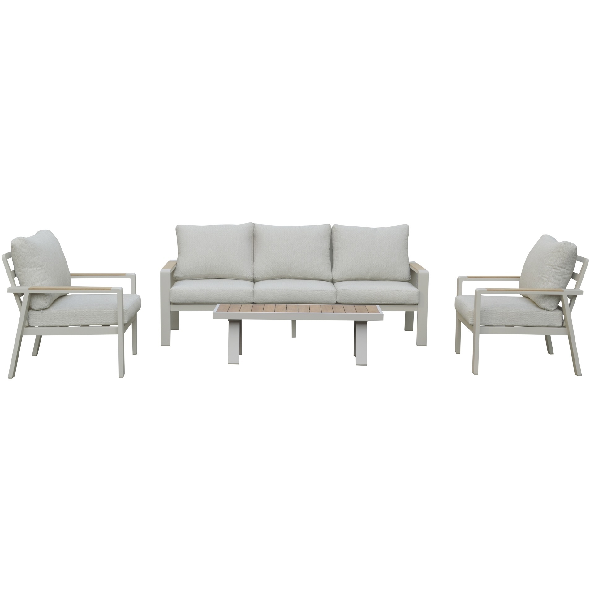 AVH-Collectie Lola stoel bank loungeset 4 delig latte zand aluminium teaktafel