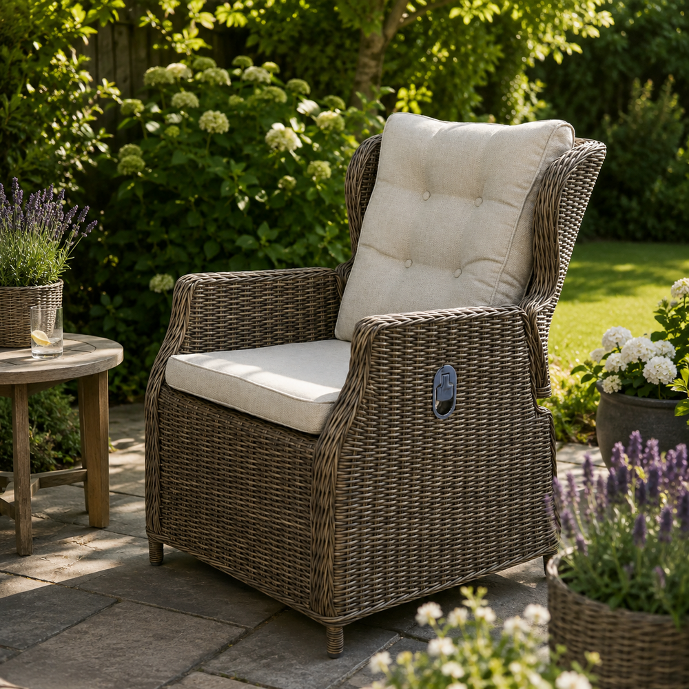 AVH-Collectie Ibiza dining tuinstoel verstelbaar bruin wicker | naturel mixed weave kussens AVH-Collectie Ibiza dining tuinstoel verstelbaar bruin wicker | naturel mixed weave kussens