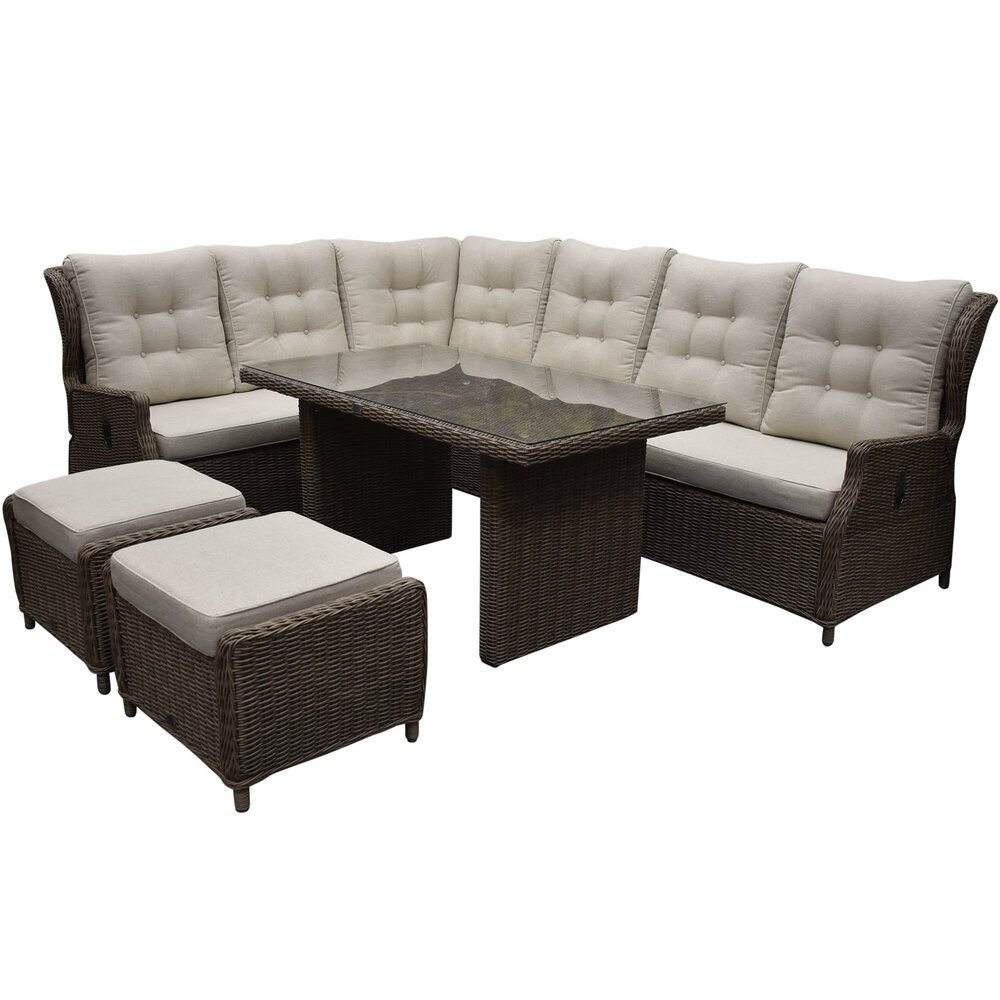AVH-Collectie Ibiza dining hoek loungeset 7 delig verstelbaar bruin wicker | naturel mixed weave kussens AVH-Collectie Ibiza dining hoek loungeset 7 delig verstelbaar bruin wicker | naturel mixed weave kussens