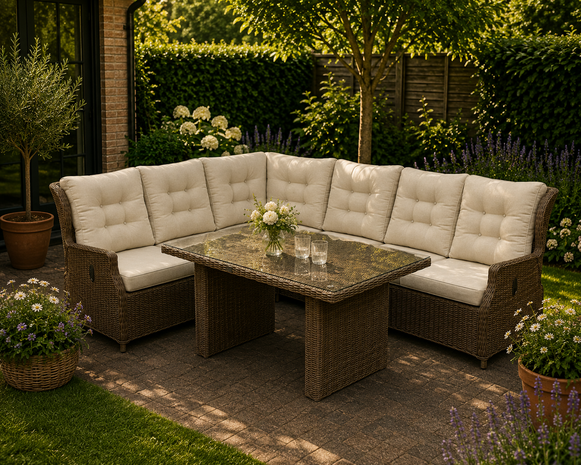 AVH-Collectie Ibiza dining hoek loungeset 7 delig verstelbaar bruin wicker | naturel mixed weave kussens AVH-Collectie Ibiza dining hoek loungeset 7 delig verstelbaar bruin wicker | naturel mixed weave kussens