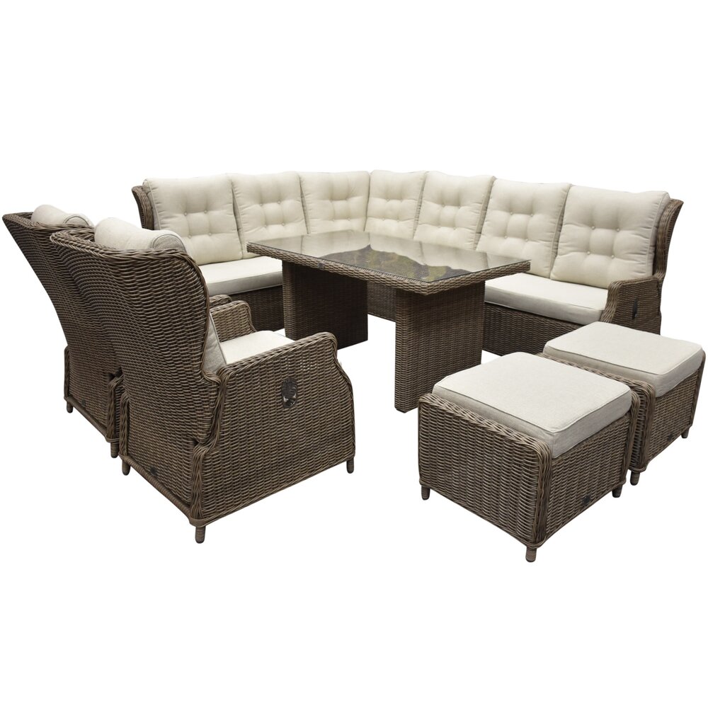 AVH-Collectie Ibiza dining hoek loungeset 9 delig verstelbaar bruin wicker | naturel mixed weave kussens AVH-Collectie Ibiza dining hoek loungeset 9 delig verstelbaar bruin wicker | naturel mixed weave kussens