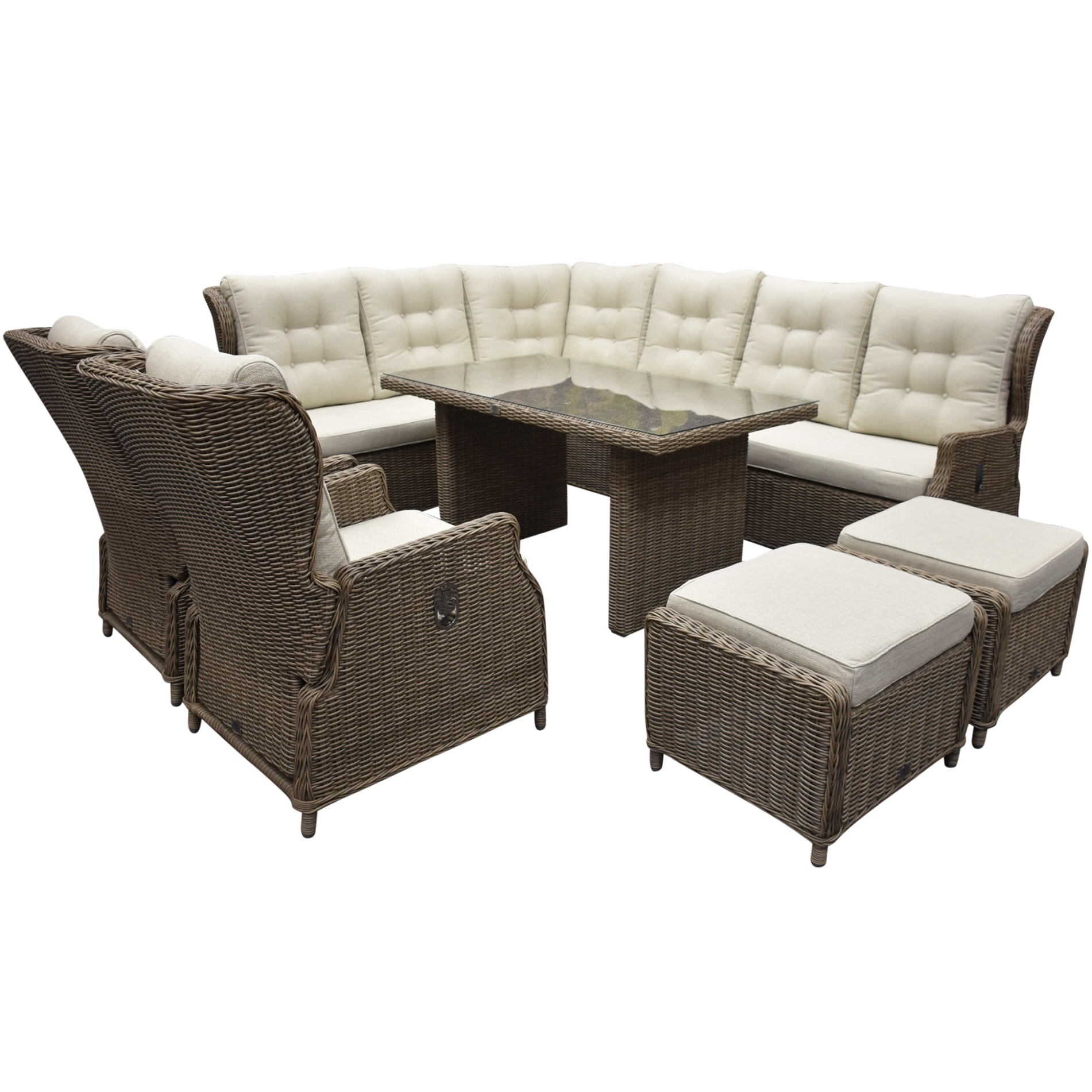 AVH-Collectie Ibiza dining hoek loungeset 9 delig verstelbaar bruin wicker &VerticalLine; naturel mixed weave kussens