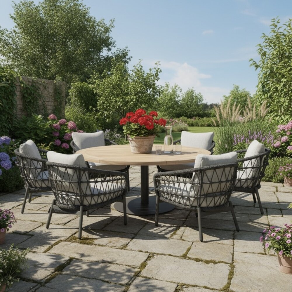 AVH-Collectie Torino low dining tuintafel teakblad 140 cm rond H71 cm antraciet AVH-Collectie Torino low dining tuintafel teakblad 140 cm rond H71 cm antraciet