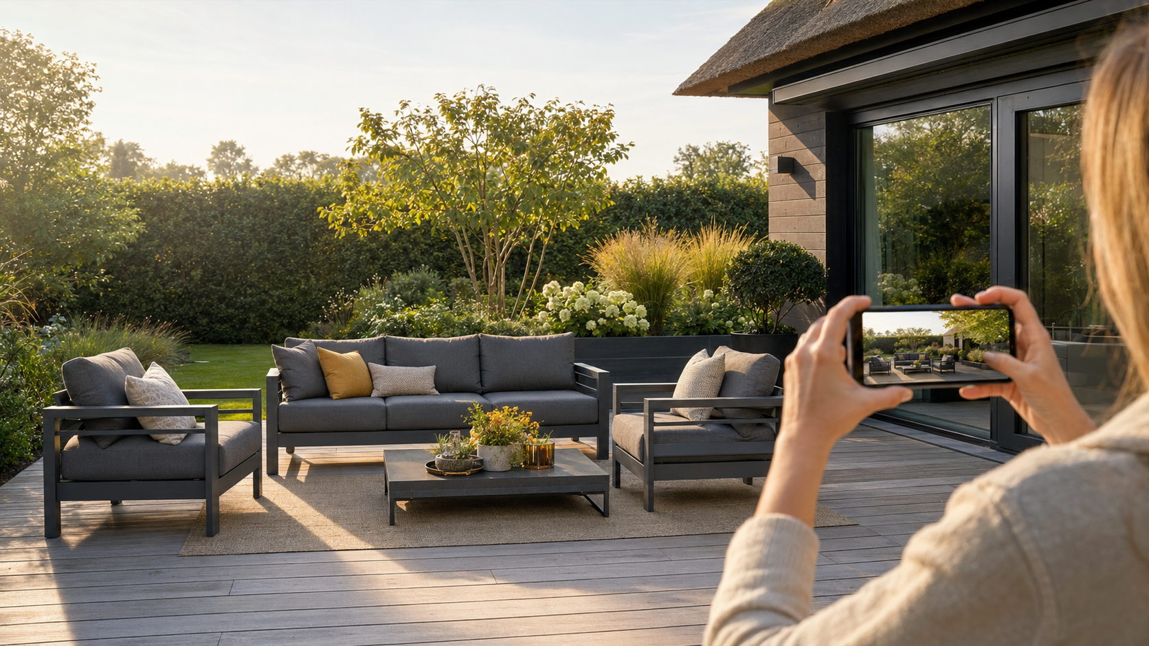 Een nette tuin met AVH-tuinmeubelen wordt gefotografeerd voor de AVH fotowedstrijd