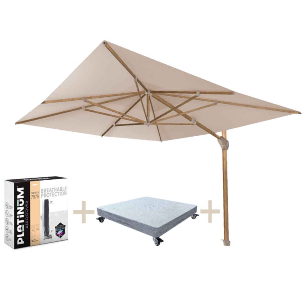 4 Seasons Outdoor Hacienda zweefparasol 300x400 cm houtlook zand 4 Seasons Outdoor met 170 KG voet en hoes 4 Seasons Outdoor Hacienda zweefparasol 300x400 cm houtlook zand 4 Seasons Outdoor met 170 KG voet en hoes