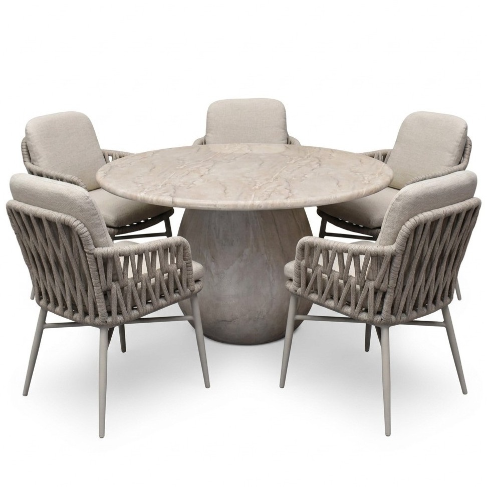 AVH-Collectie Luxor Dante dining tuinset 140xH75 cm 6 delig zand polystone marmerlook