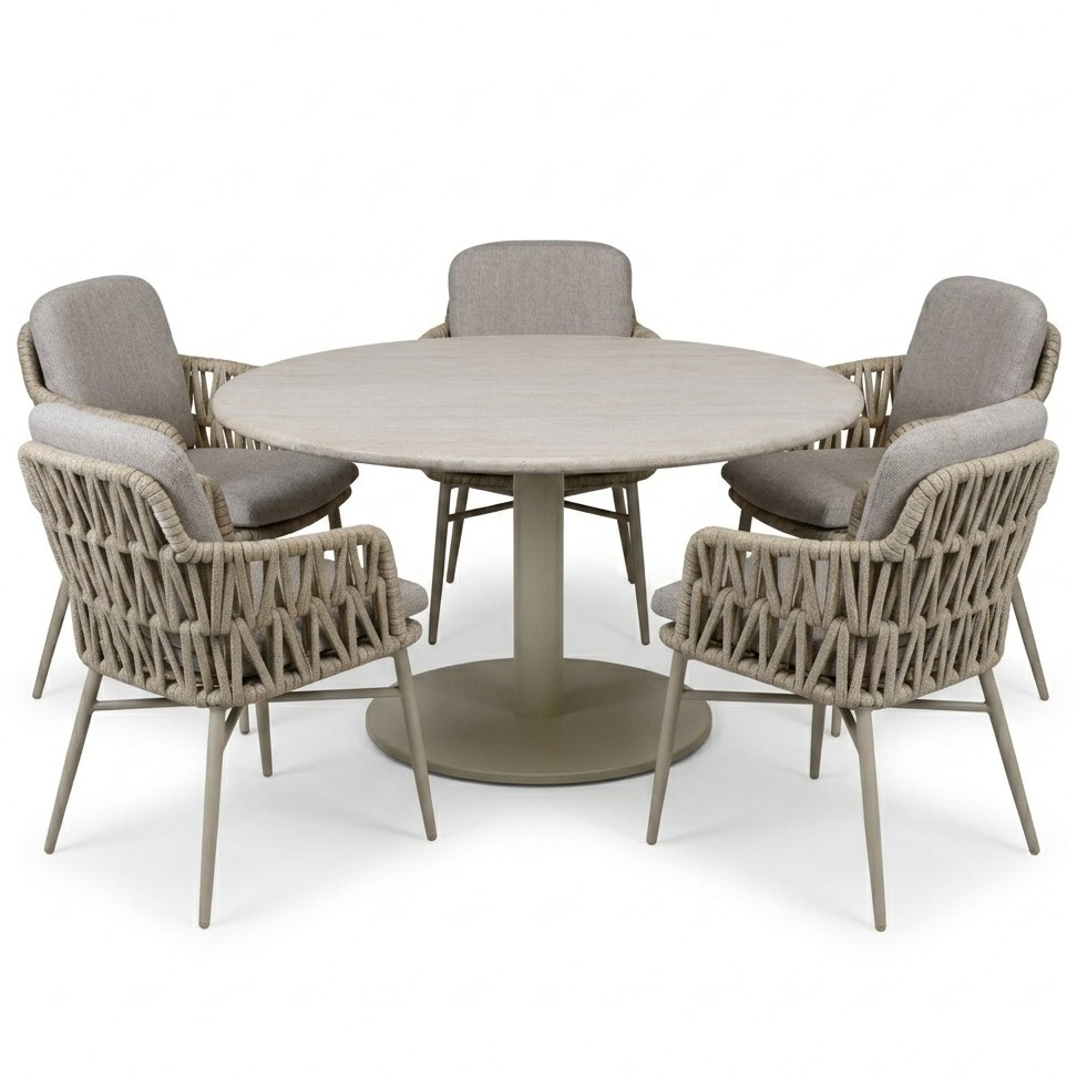 AVH-Collectie Union Luxor dining tuinset 140xH75 cm 6 delig latte polystone travertine