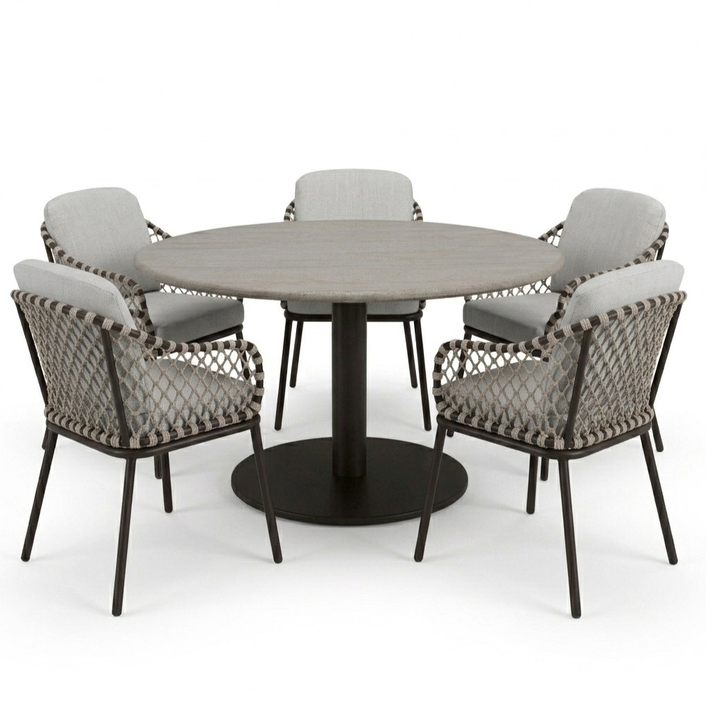 AVH-Collectie Sanoa Union dining tuinset 140xH75 cm 6 delig terre polystone travertine