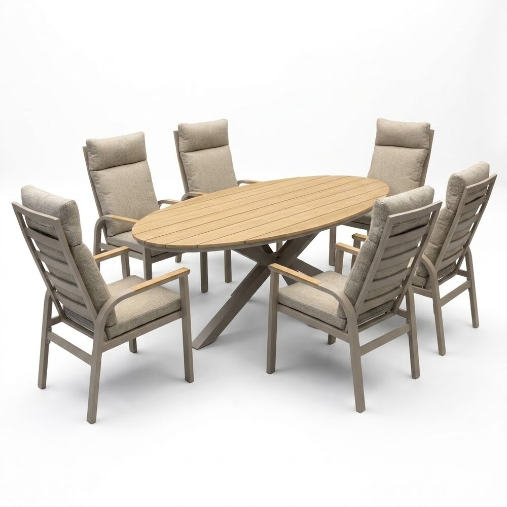 AVH-Collectie Salvador Kota dining tuinset 240x114xH75 cm 7 delig verstelbaar latte polywood