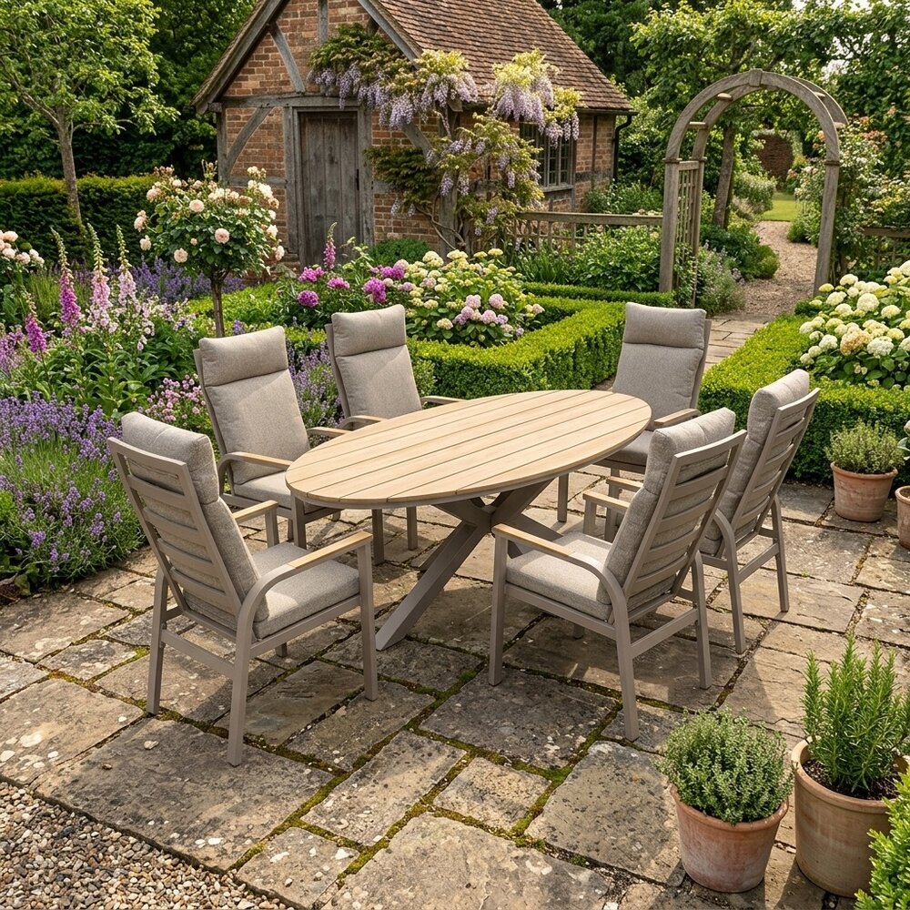 AVH-Collectie Salvador Kota dining tuinset 240x114xH75 cm 7 delig verstelbaar latte polywood