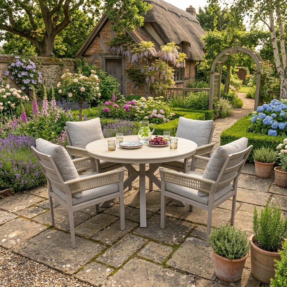 AVH-Collectie Samantha Saigon dining tuinset 120xH75 cm 5 delig latte keramiek AVH-Collectie Samantha Saigon dining tuinset 120xH75 cm 5 delig latte keramiek