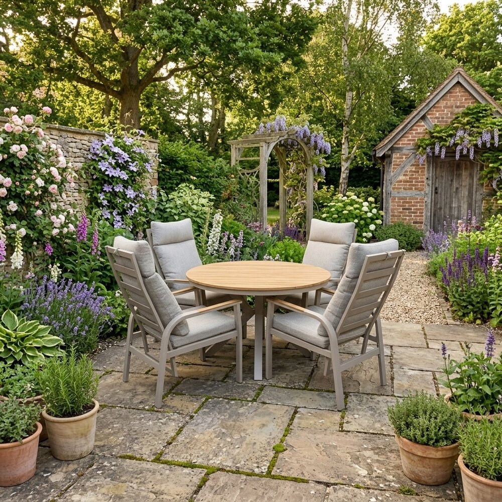 AVH-Collectie Samantha Kota dining tuinset 120xH75 cm 5 delig latte verstelbaar keramiek