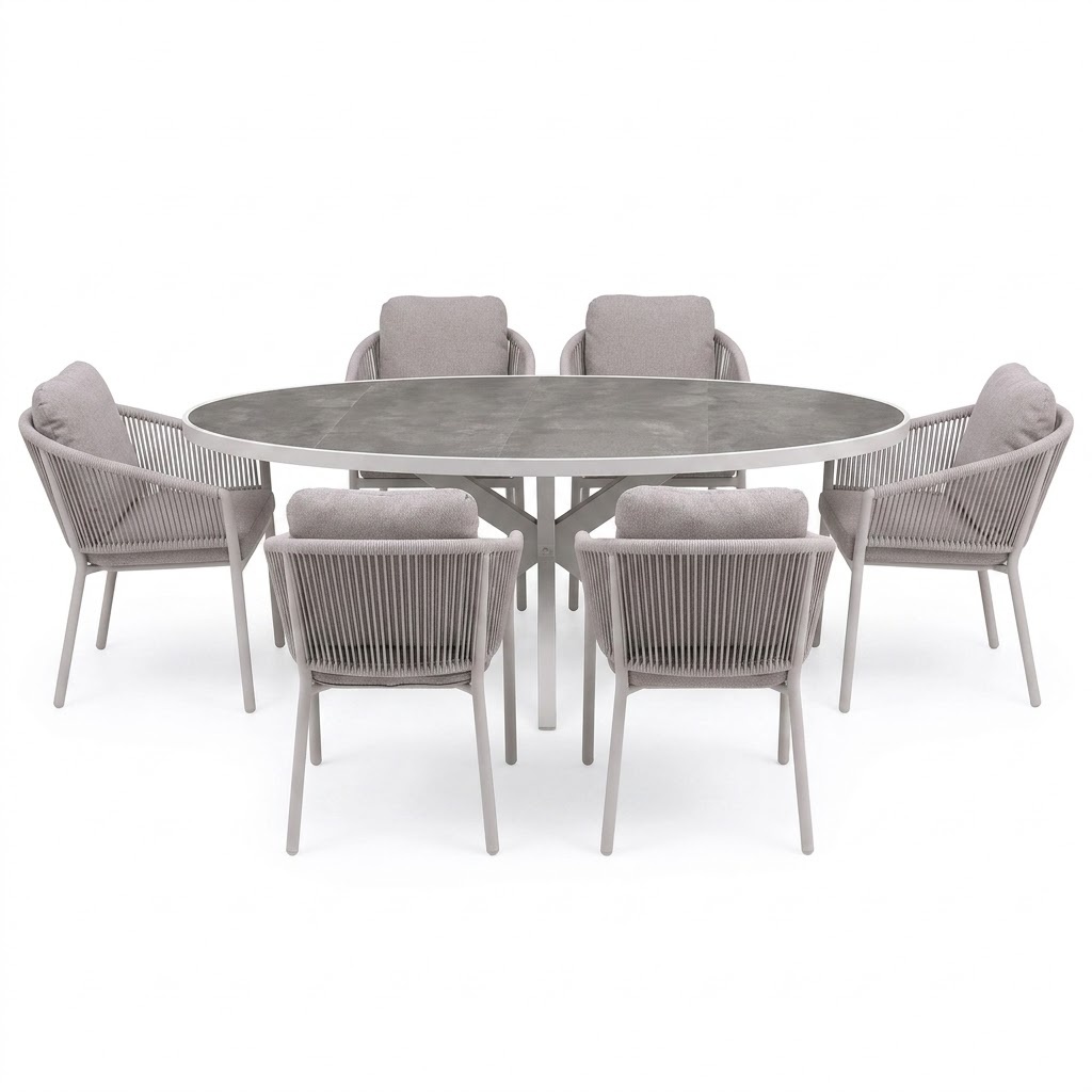 AVH-Collectie Ohio Joshua dining tuinset 241x116xH74 cm 7 delig latte keramiek