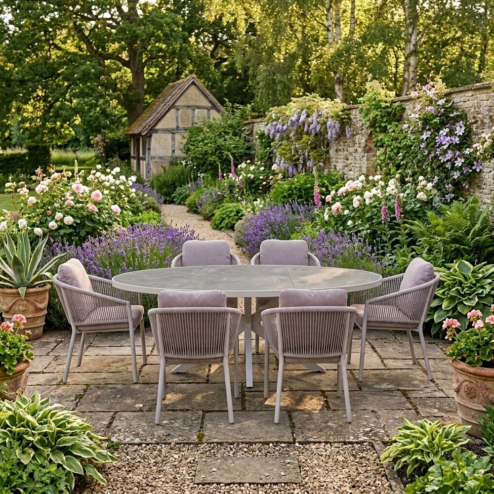 AVH-Collectie Ohio Joshua dining tuinset 241x116xH74 cm 7 delig latte keramiek