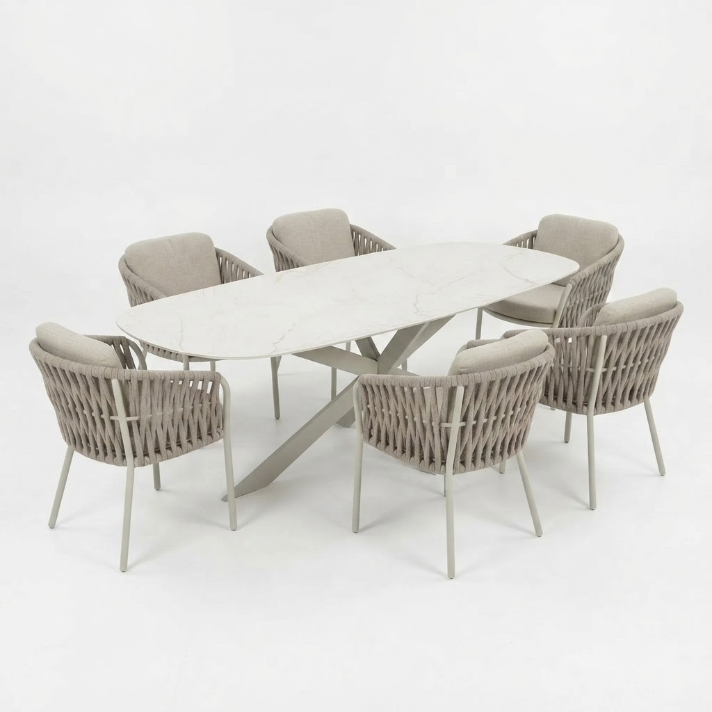 AVH-Collectie Derby Sarenza dining tuinset 240x100xH77 cm 7 delig latte keramiek