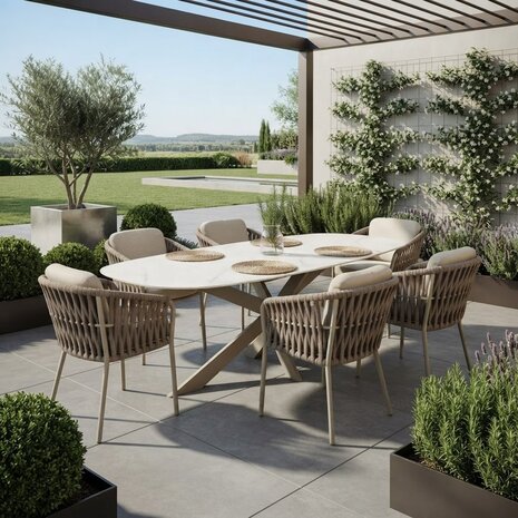 AVH-Collectie Derby Sarenza dining tuinset 240x100xH77 cm 7 delig latte keramiek AVH-Collectie Derby Sarenza dining tuinset 240x100xH77 cm 7 delig latte keramiek