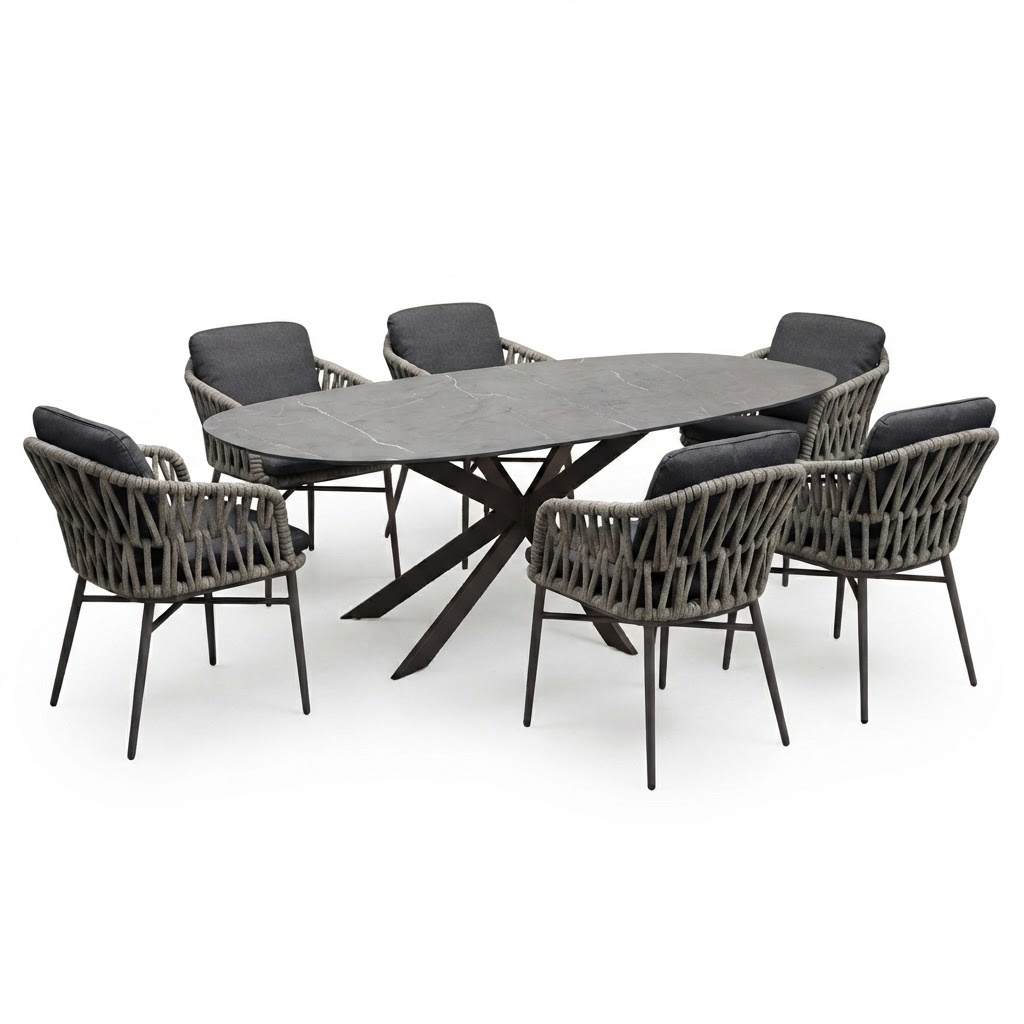 AVH-Collectie San Francisco Luxor dining tuinset 240x100xH76 cm 7 delig antraciet keramiek