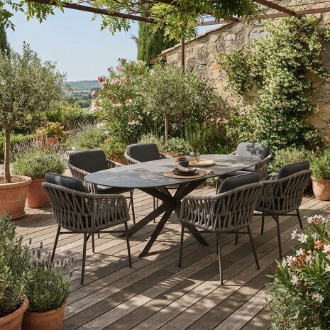 AVH-Collectie San Francisco Luxor dining tuinset 240x100xH76 cm 7 delig antraciet keramiek AVH-Collectie San Francisco Luxor dining tuinset 240x100xH76 cm 7 delig antraciet keramiek