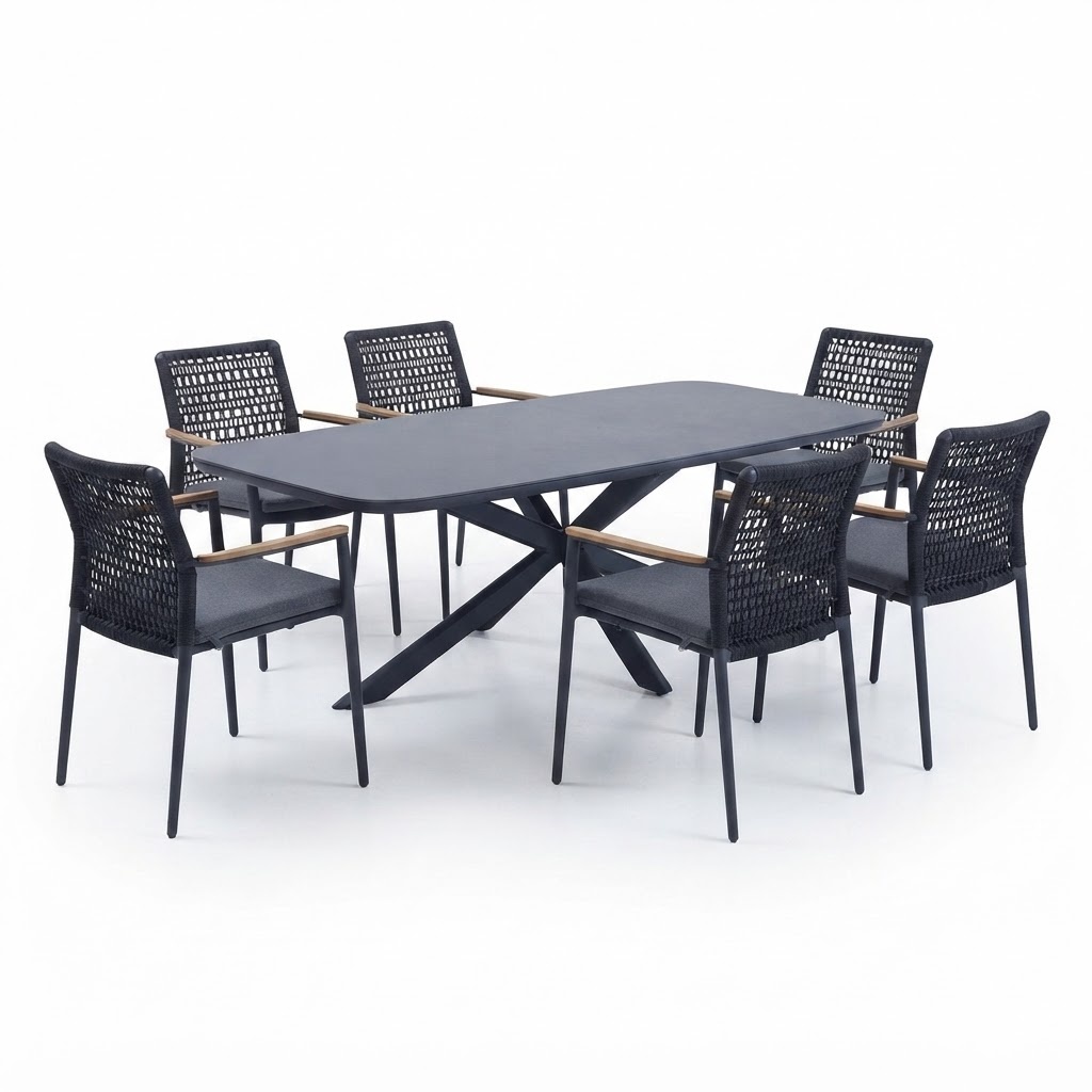 AVH-Collectie Sayanora Salta dining tuinset 240x110xH74 cm 7 delig antraciet keramiek