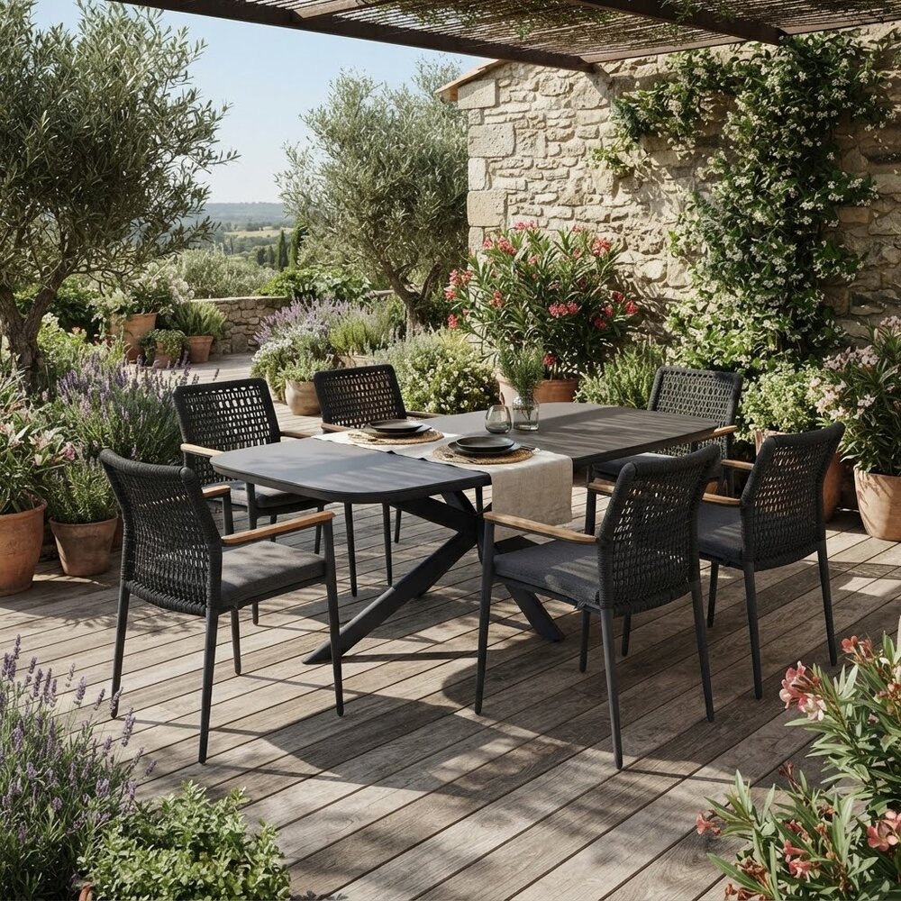 AVH-Collectie Sayanora Salta dining tuinset 240x110xH74 cm 7 delig antraciet keramiek AVH-Collectie Sayanora Salta dining tuinset 240x110xH74 cm 7 delig antraciet keramiek