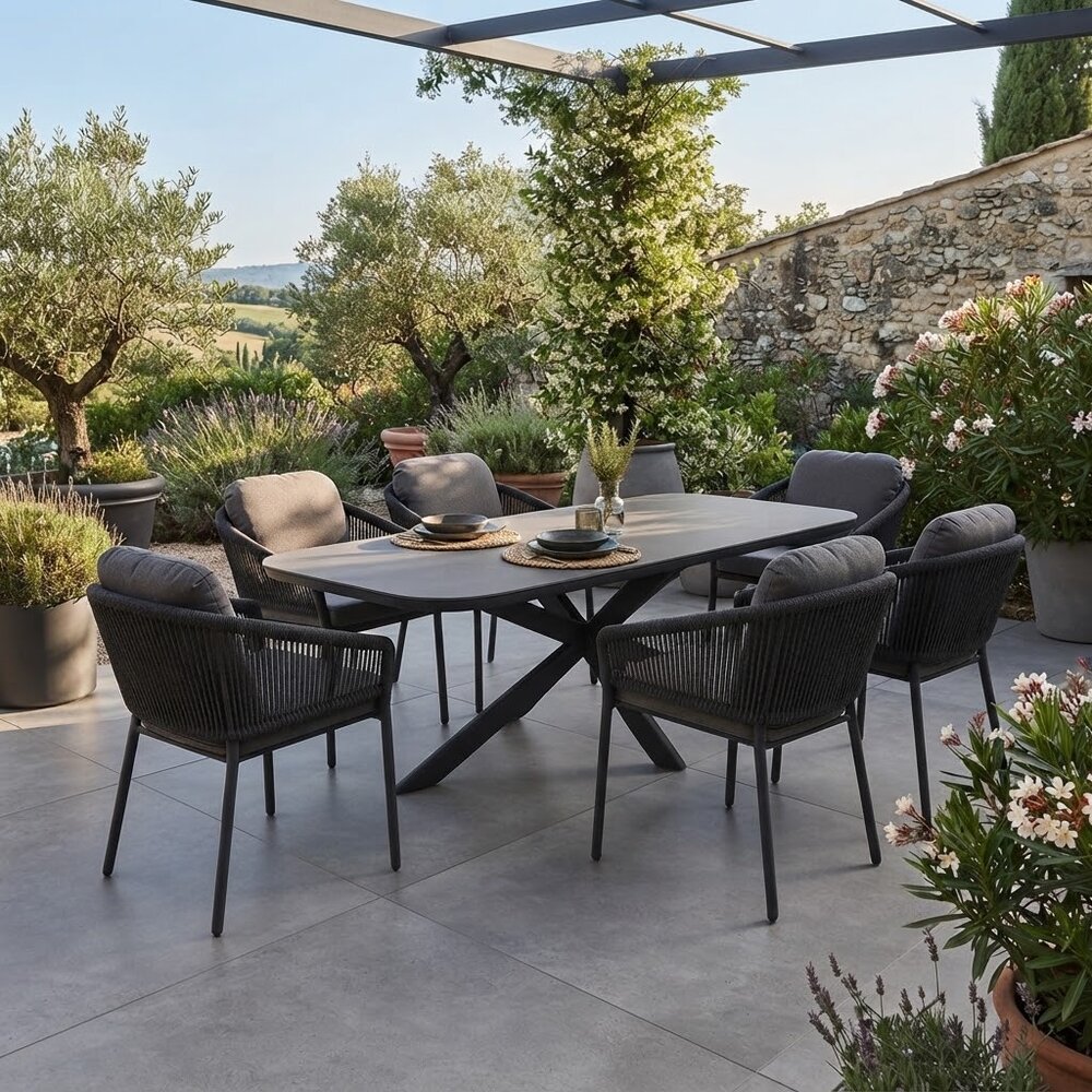AVH-Collectie Sayanora Joshua dining tuinset 7 delig 240x110xH74 cm antraciet keramiek