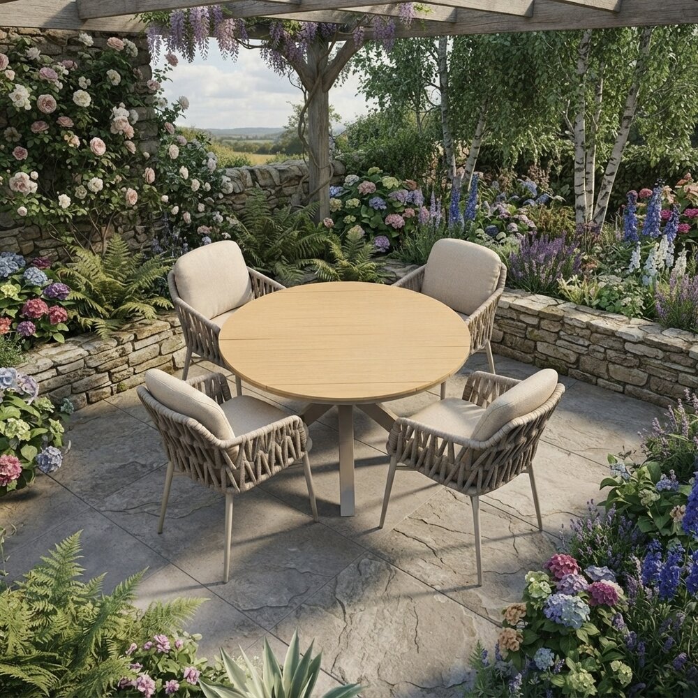 AVH-Collectie Quincy Luxor dining tuinset 120xH75 cm 5 delig latte polywood