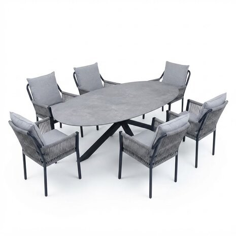 AVH-Collectie Puccini Fleur dining tuinset 220x120xH75 cm 7 delig antraciet keramiek AVH-Collectie Puccini Fleur dining tuinset 220x120xH75 cm 7 delig antraciet keramiek