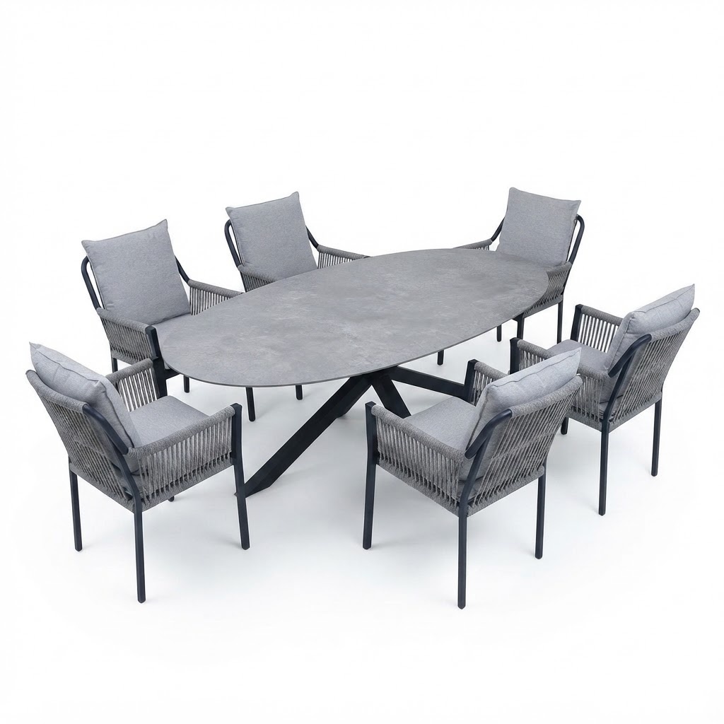 AVH-Collectie Puccini Fleur dining tuinset 220x120xH75 cm 7 delig antraciet keramiek