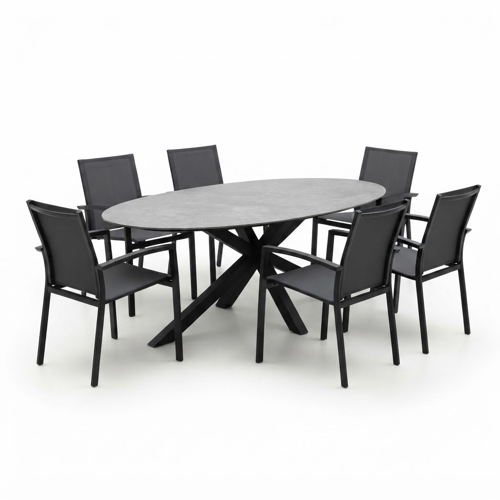 AVH-Collectie Puccini Malaga dining tuinset 220x120xH75 cm 7 delig antraciet keramiek