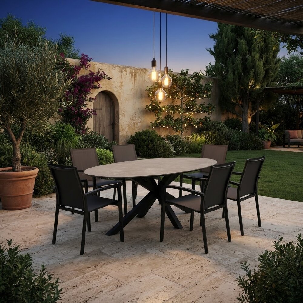 AVH-Collectie Puccini Malaga dining tuinset 220x120xH75 cm 7 delig antraciet keramiek AVH-Collectie Puccini Malaga dining tuinset 220x120xH75 cm 7 delig antraciet keramiek