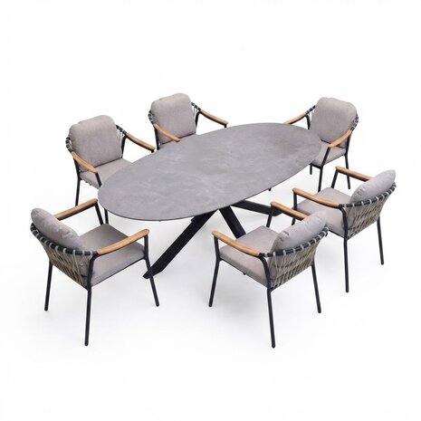 AVH-Collectie Puccini Nova dining tuinset 220x120xH75 cm 7 delig antraciet keramiek AVH-Collectie Puccini Nova dining tuinset 220x120xH75 cm 7 delig antraciet keramiek