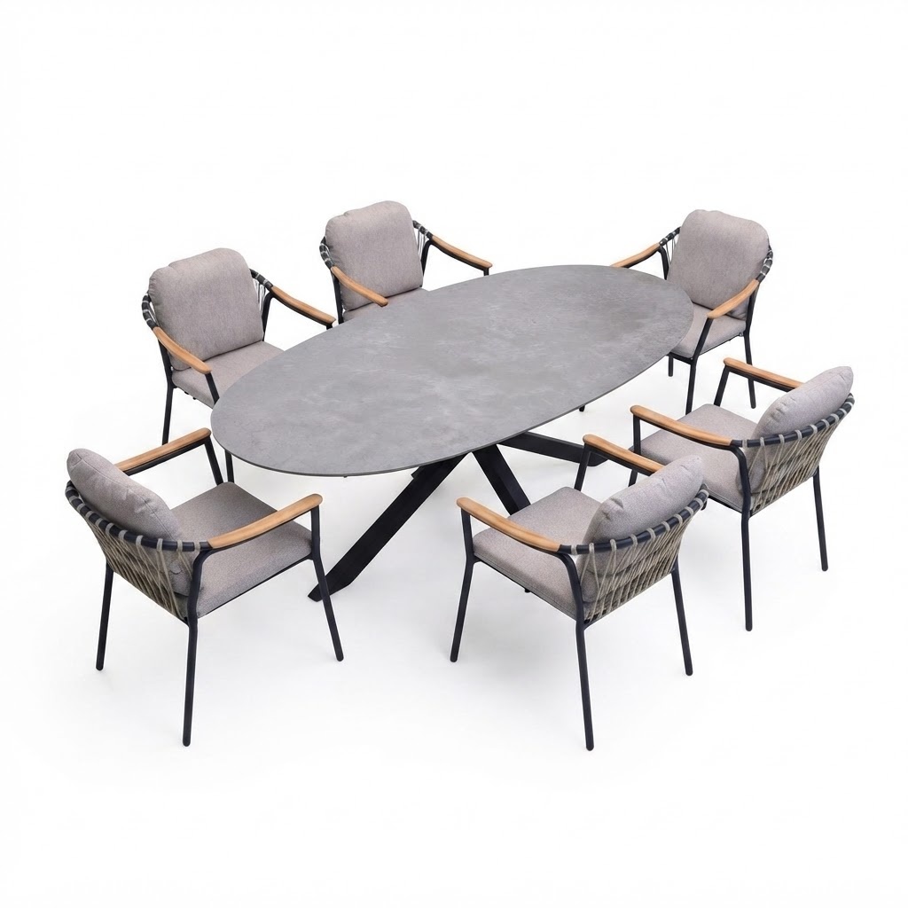 AVH-Collectie Puccini Nova dining tuinset 220x120xH75 cm 7 delig antraciet keramiek