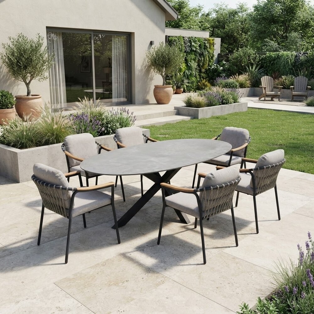 AVH-Collectie Puccini Nova dining tuinset 220x120xH75 cm 7 delig antraciet keramiek AVH-Collectie Puccini Nova dining tuinset 220x120xH75 cm 7 delig antraciet keramiek