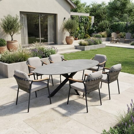 AVH-Collectie Puccini Nova dining tuinset 220x120xH75 cm 7 delig antraciet keramiek AVH-Collectie Puccini Nova dining tuinset 220x120xH75 cm 7 delig antraciet keramiek