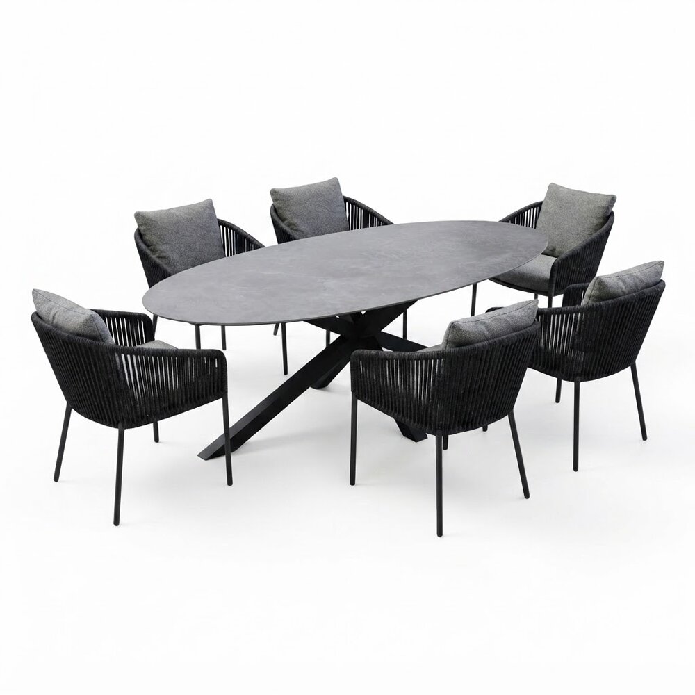 AVH-Collectie Puccini Brightling dining tuinset 220x120xH75 cm 7 delig antraciet keramiek