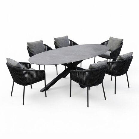 AVH-Collectie Puccini Brightling dining tuinset 220x120xH75 cm 7 delig antraciet keramiek