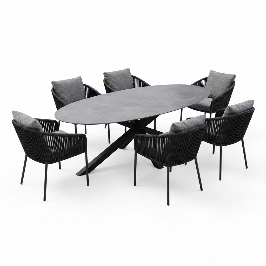 AVH-Collectie Puccini Brightling dining tuinset 220x120xH75 cm 7 delig antraciet keramiek