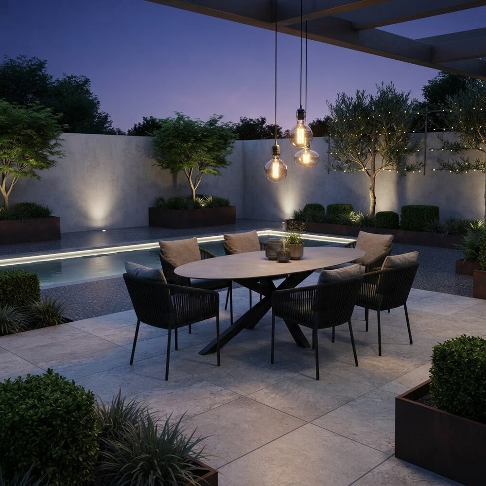 AVH-Collectie Puccini Brightling dining tuinset 220x120xH75 cm 7 delig antraciet keramiek