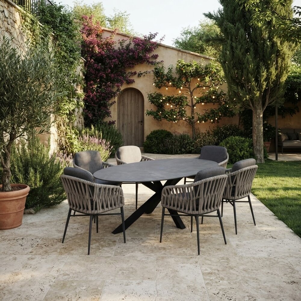 AVH-Collectie Puccini Luxor dining tuinset 220x120xH75 cm 7 delig antraciet keramiek AVH-Collectie Puccini Luxor dining tuinset 220x120xH75 cm 7 delig antraciet keramiek