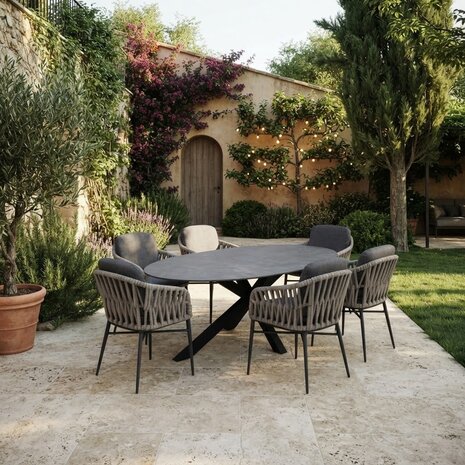 AVH-Collectie Puccini Luxor dining tuinset 220x120xH75 cm 7 delig antraciet keramiek AVH-Collectie Puccini Luxor dining tuinset 220x120xH75 cm 7 delig antraciet keramiek