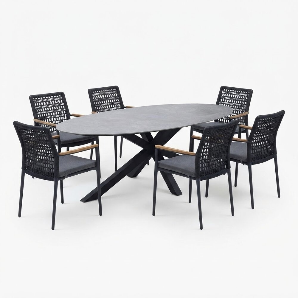 AVH-Collectie Puccini Salta dining tuinset 220x120xH75 cm 7 delig antraciet keramiek AVH-Collectie Puccini Salta dining tuinset 220x120xH75 cm 7 delig antraciet keramiek